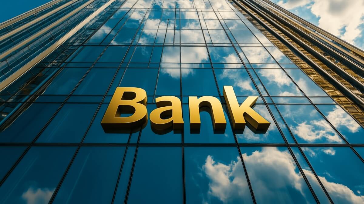 Odbicie nieba na szklanym budynku banku symbolizuje spory z bankami.
